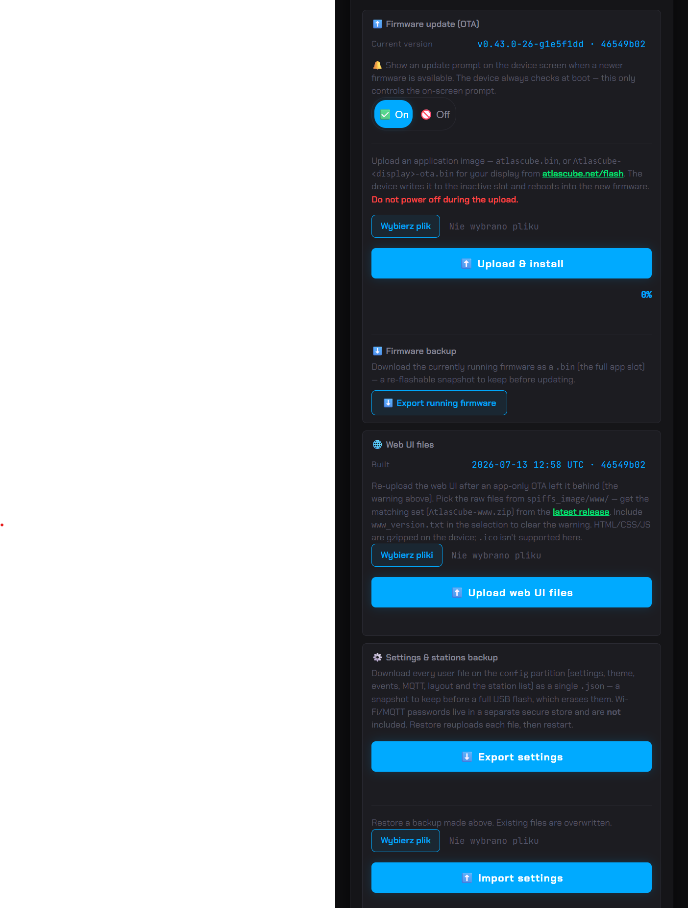 Web UI — system, updates and backup